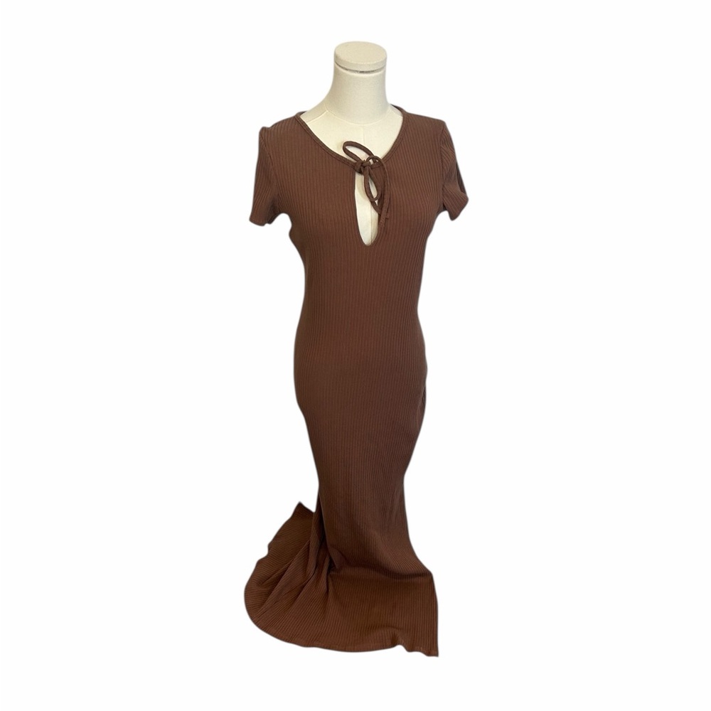 Reformation Brown Ribbed Knit Keyhole Midi Slit Dress Size Large - Picture 4 of 13